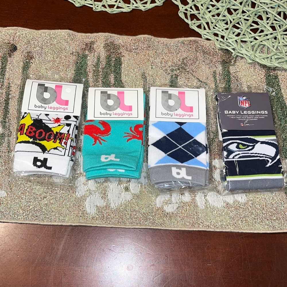 BL Baby Leggings 4 baby legs leggings: Seahawks, Superhero, Crabs, & Blue Argyle